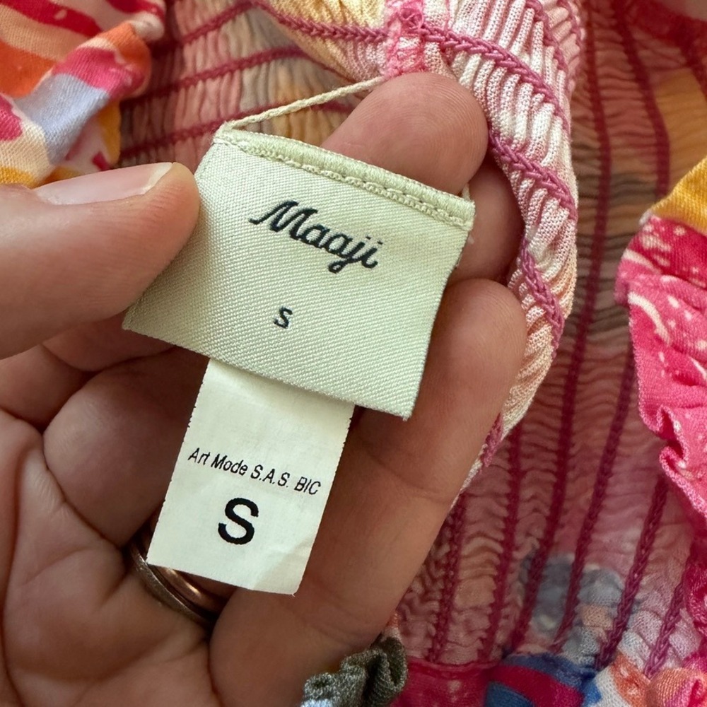 Maaji Clarissa Mini Dress Womens S Pink Tropical Ruched Smocked Resort Vacation - Picture 4 of 7